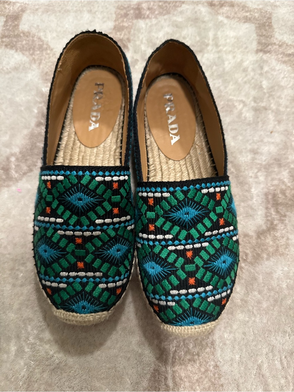 Prada Green & Blue Embroidered Espadrille Flats